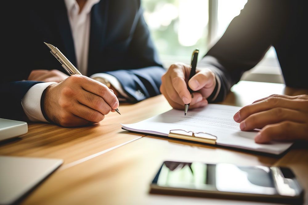 Two business professionals signing documents at a wooden desk, emphasizing collaboration and partnership.
