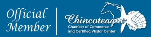 Official Member of Chincoteague Chamber of Commerce and Certified Visitor Center logo with horse and shell design.