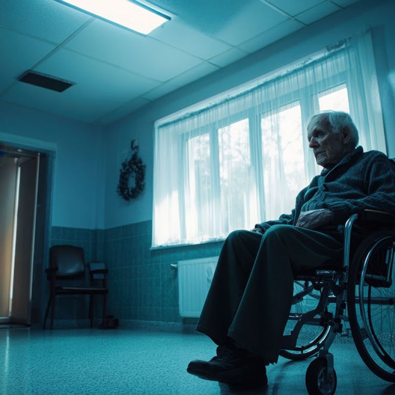 Elderly man in wheelchair sits alone in a dimly lit room, near a window with natural light.