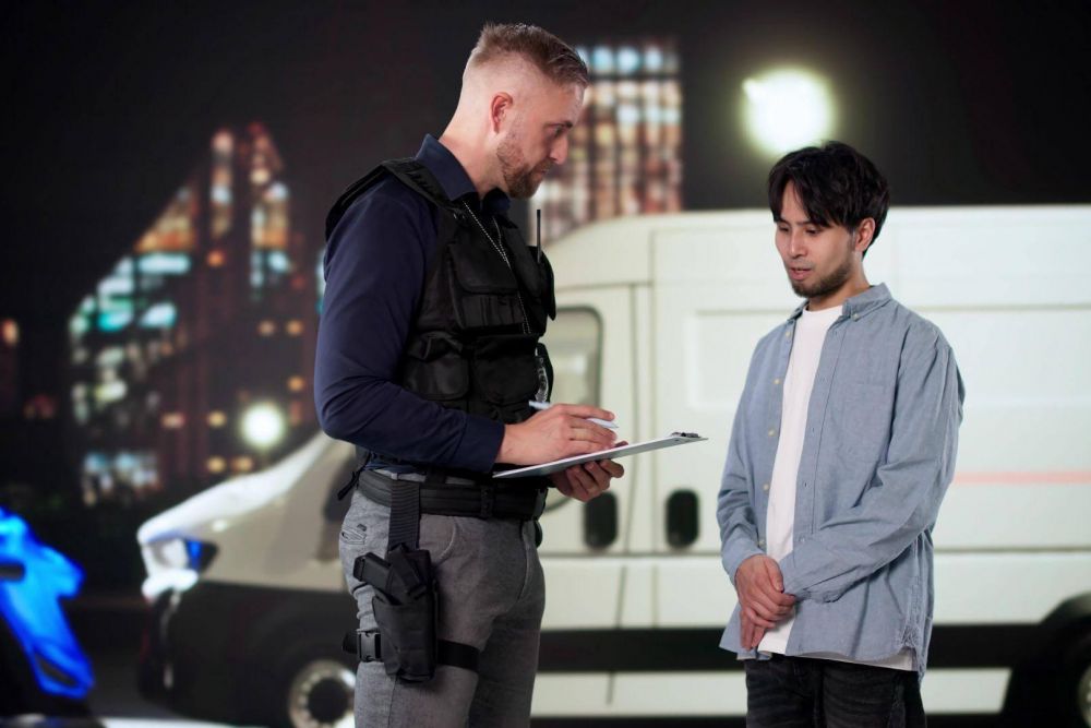 Security officer questioning a person at night near a parked van, with city lights in the background.