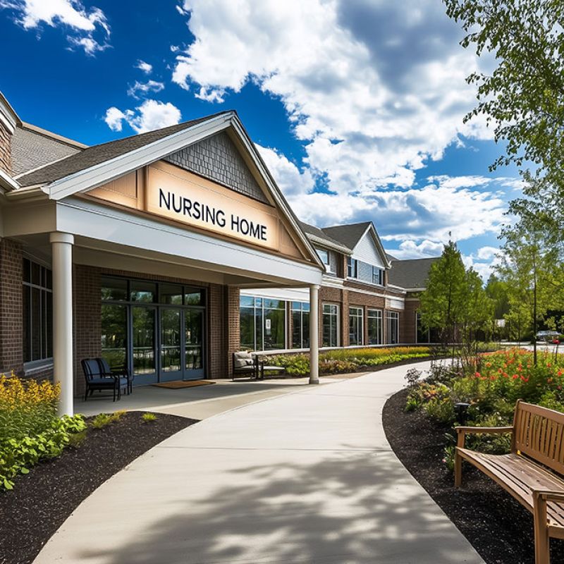 Inviting nursing home entrance with gardens, benches, and clear blue sky, highlighting a welcoming and serene atmosphere.