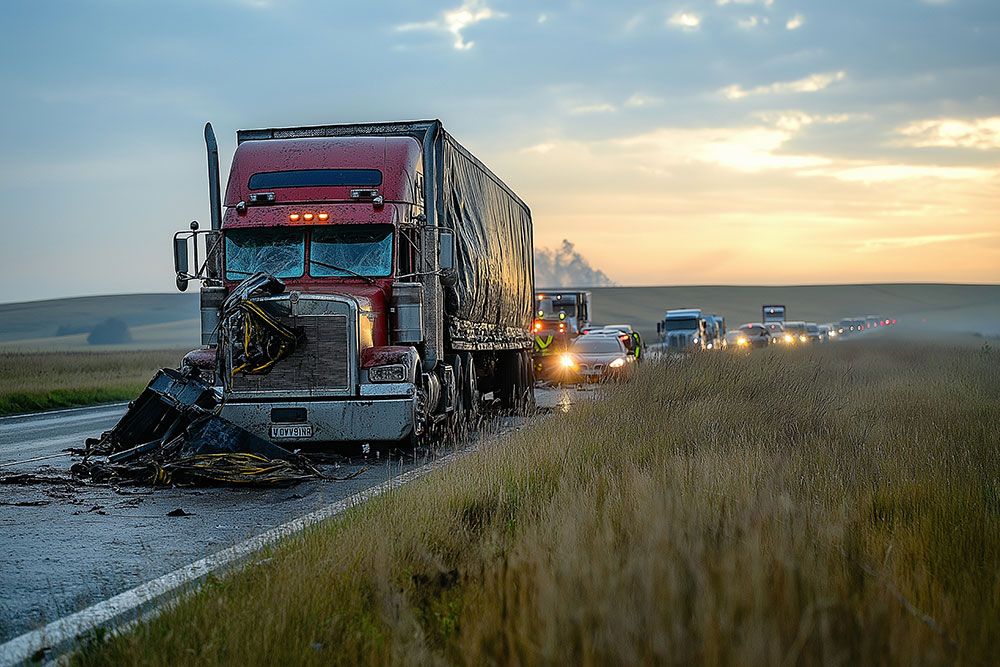Damaged truck on highway at sunrise with backed-up traffic and open fields.