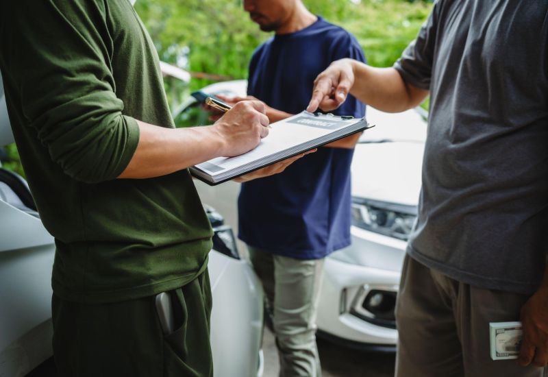 People signing a contract near a car, emphasizing agreement and negotiation dynamics in an outdoor setting.