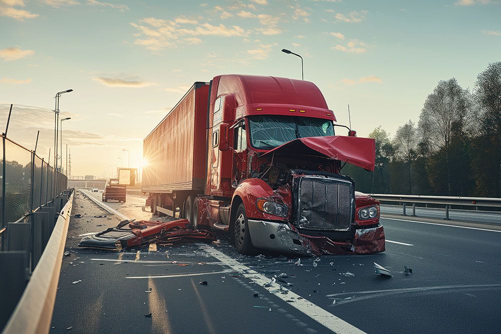 Red truck damaged in a highway accident, debris scattered, early morning light in the background.
