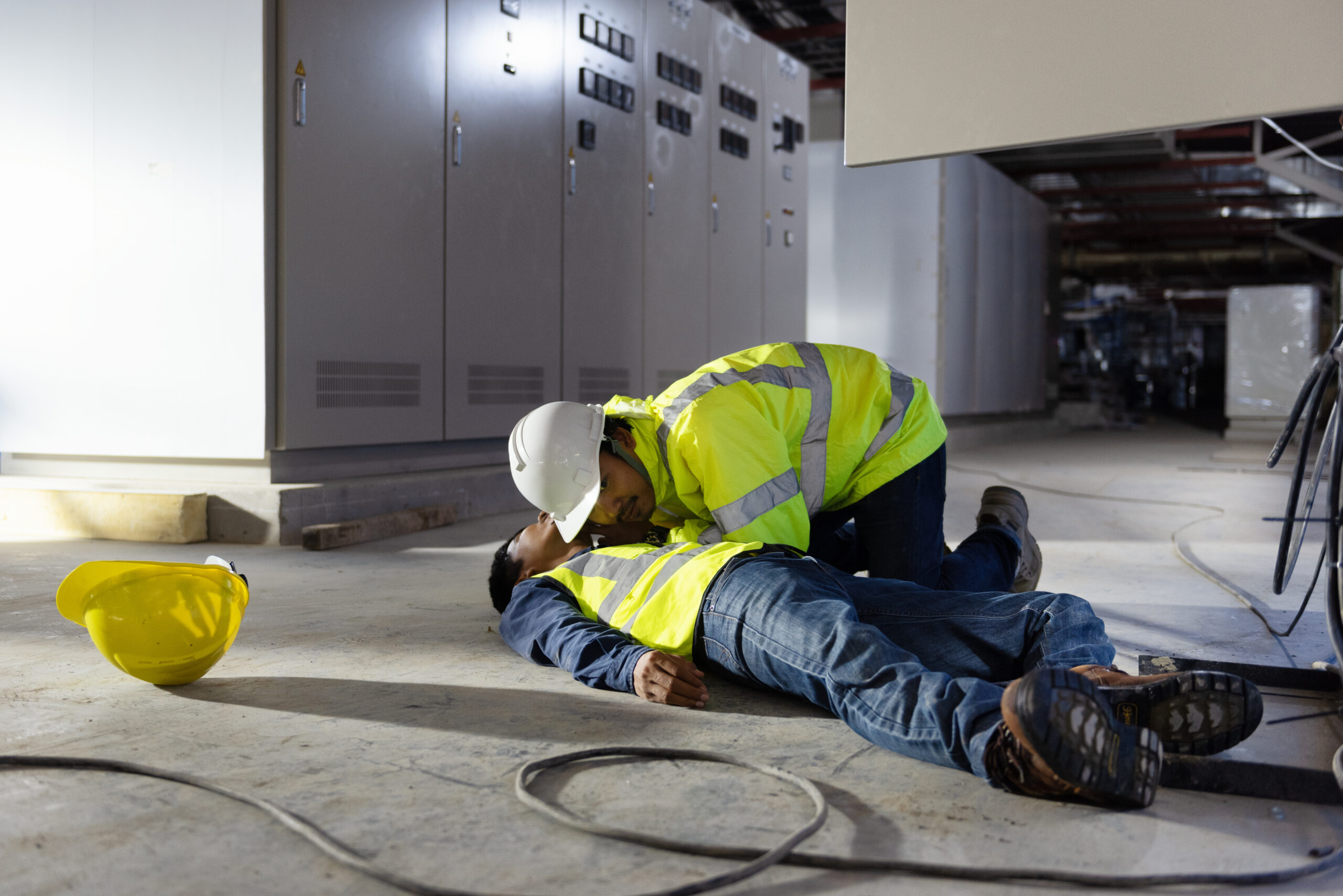 Man in hardhat checking to see if coworker lying on the ground is breathing. Wrongful death concept.