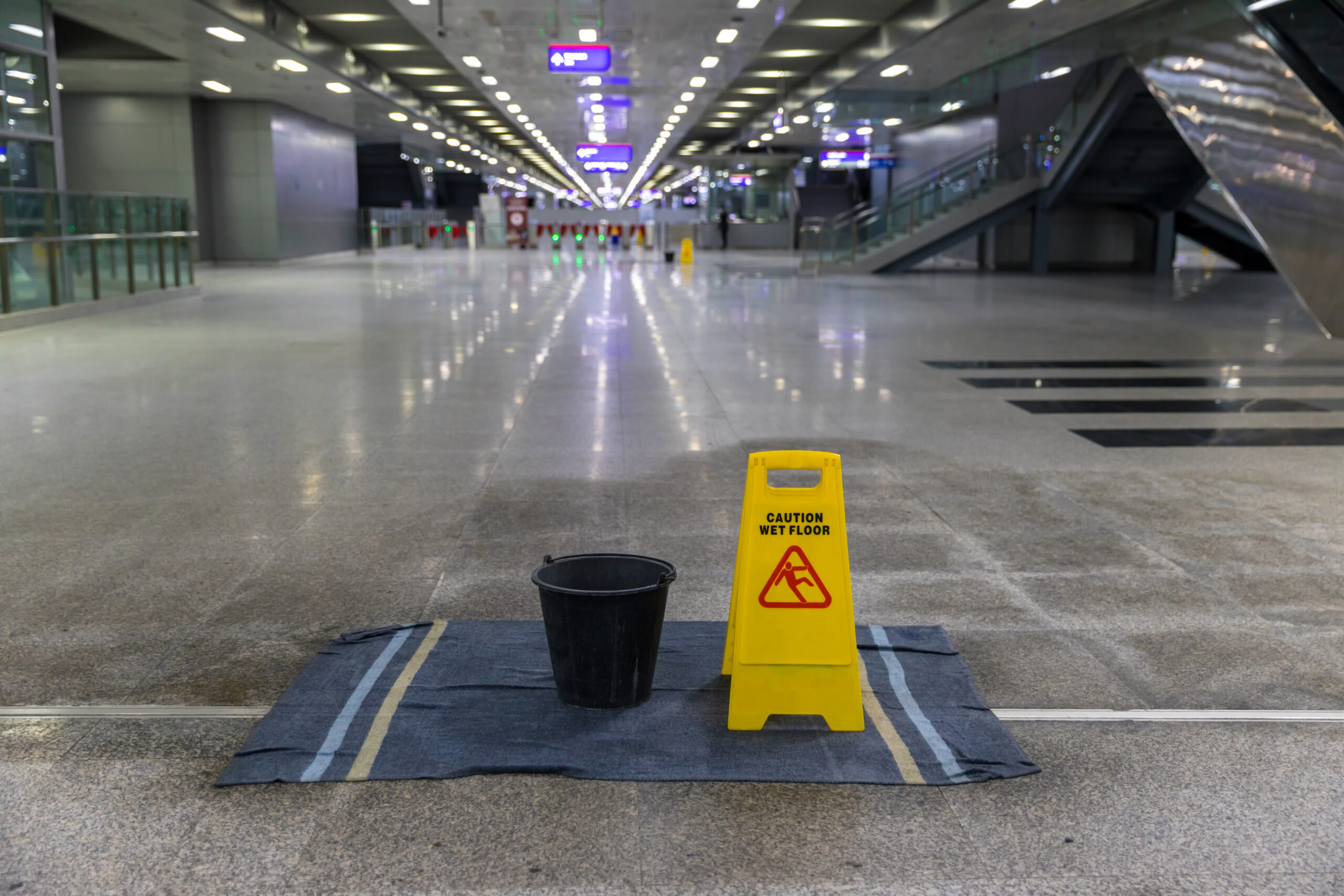 Caution wet floor sign and bucket on slick surface; Williams DeLoatche urges photo documentation in slip-and-fall cases.