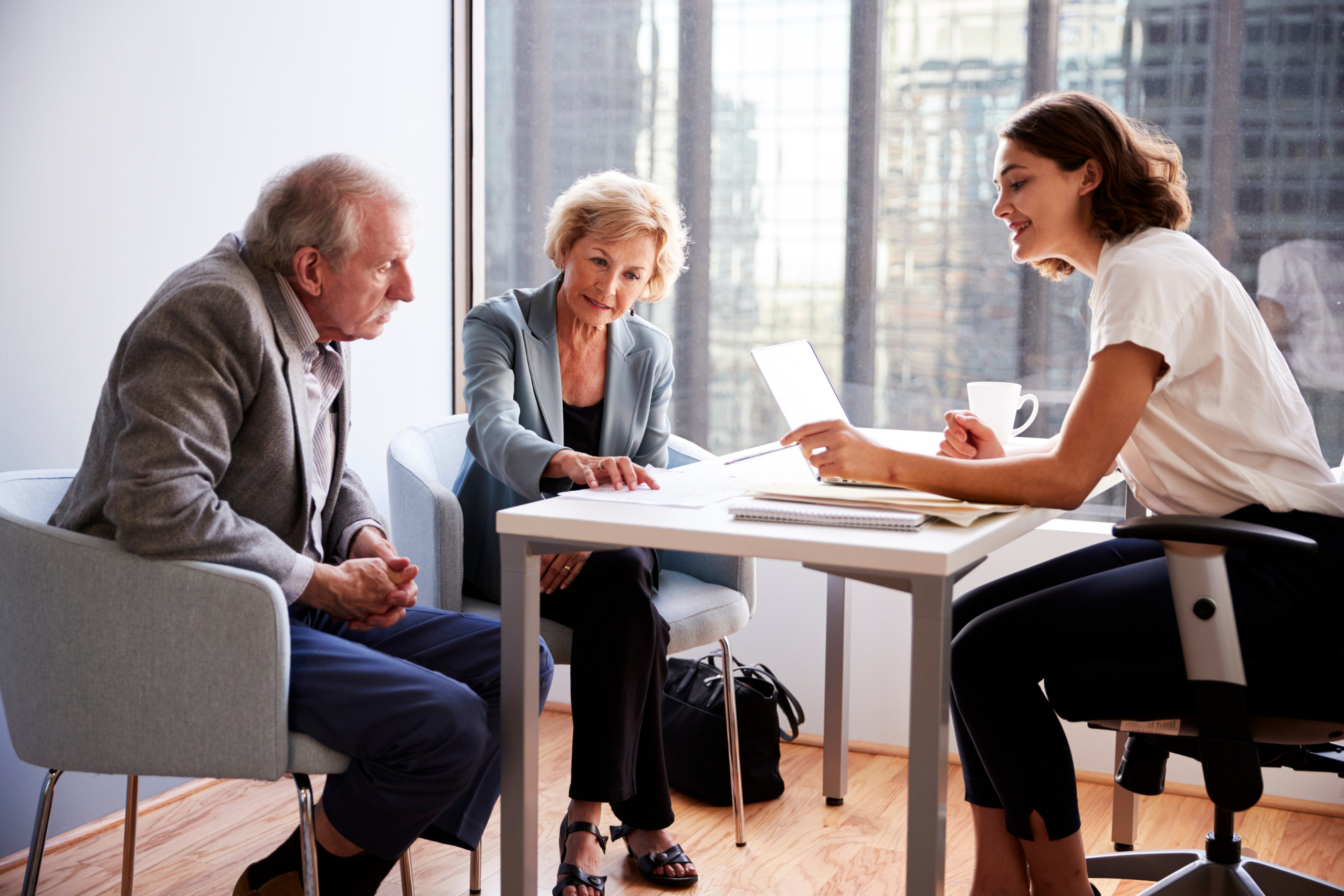 Elderly couple consults with professional at desk in office.
