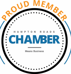 Proud Member badge for Hampton Roads Chamber of Commerce, emphasizing 'Means Business.'