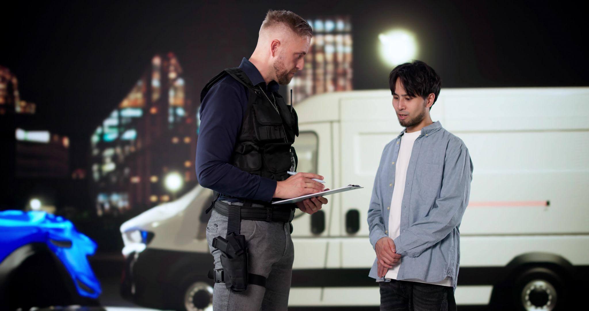 a man standing next to a cop in front of a truck